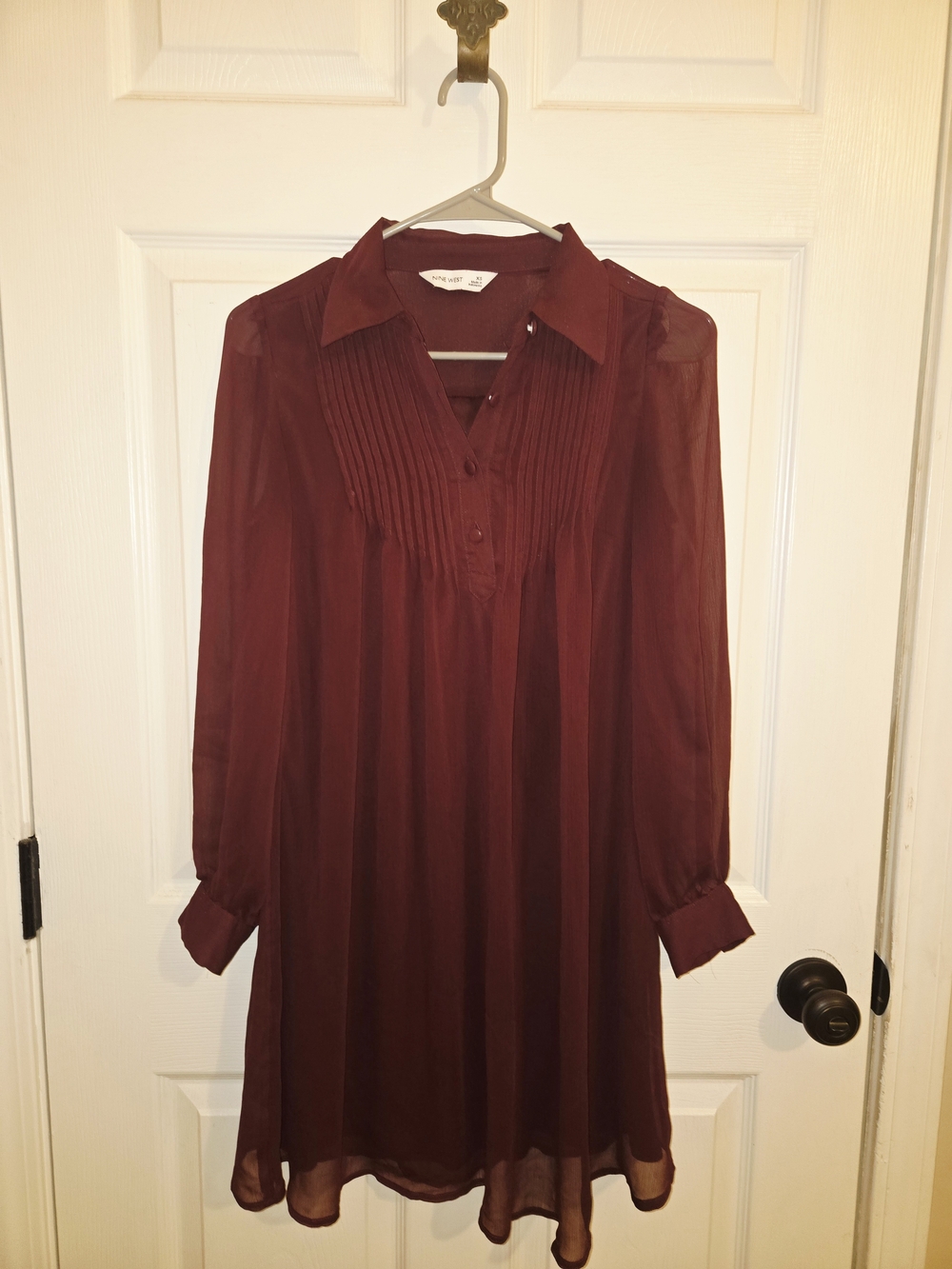Nine West Burgundy Pintuck Long-Sleeve Shirt Dress